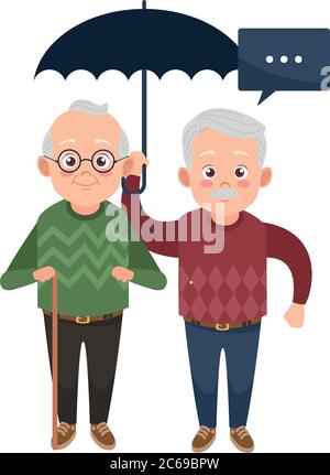 happy old grandfathers with umbrella avatars characters vector illustration design Stock Vector