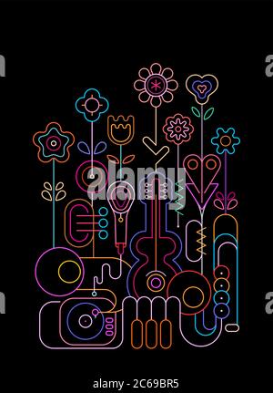 Neon colors isolated on a black background Summer Flowers and Musical Instruments vector illustration. Blossoming flowers grow from music instruments. Stock Vector