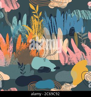 Vector seamless pattern with abstract plants and geometric shapes. Stock Vector