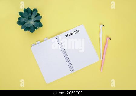 Minimal work space concept. Goals 2020, chek list. Creative flat lay of bloggers workspace. Top view of notepad, succulent plant two pens flamingo. Ye Stock Photo