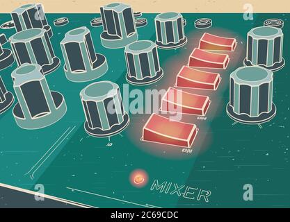 Stylized vector illustration of a Studio equipment mixer close-up with a large number of buttons, switches, light bulbs and other controls in retro po Stock Vector