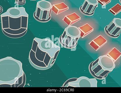 Stylized vector illustration of switches on the control panel close up in retro poster style Stock Vector