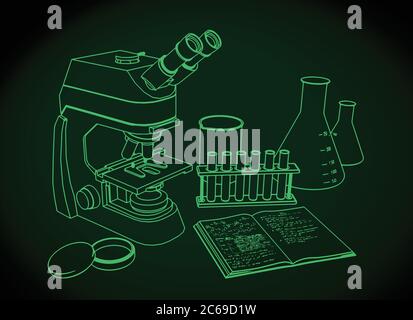 Stylized vector illustration of laboratory equipment. Microscope, test tubes, flasks and workbook. Stock Vector