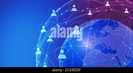 World Globe With Connected People Icons Over Blue Background, Collage Stock Photo