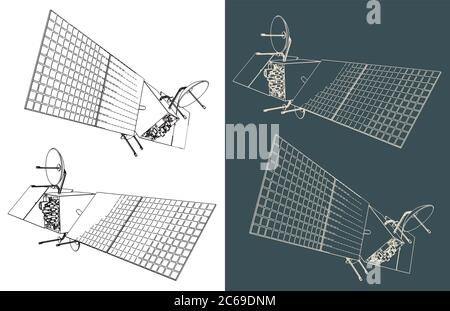 Vector illustration on the theme of artificial satellites and the space industry. Artificial satellite from different angles Stock Vector