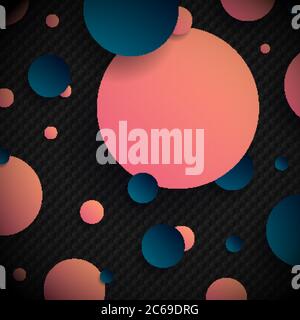 Abstract 3D pink and blue gradient circles shapes random on mosaic black background. Vector illustration Stock Vector
