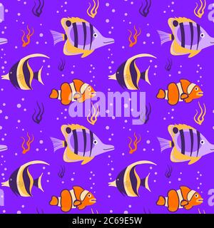 Tropical fish with seaweed seamless pattern on purple background. Exotic underwater creatures and laminaria. Flat vector illustration. Stock Vector