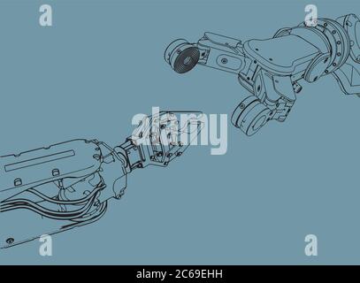 Stylized vector illustration on the theme of industrial robotic systems for automatic assembly Stock Vector