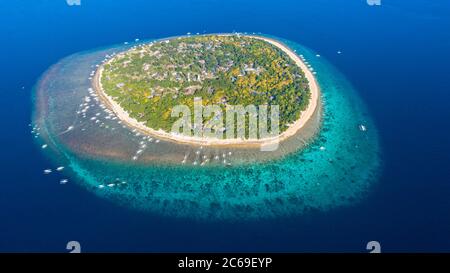 An aerial view of Balicasag Island, a tiny island in South West Bohol in the central Philippines. It is famous for scuba diving on the deep, vertical Stock Photo