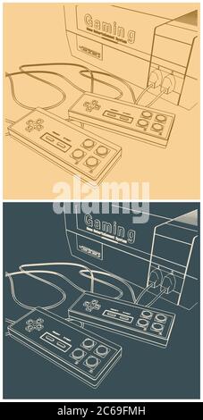 Vector illustration of a retro game console and joysticks closeup Stock Vector