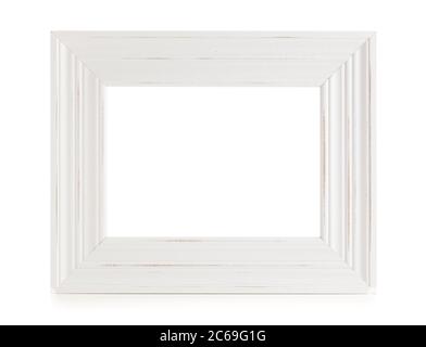 Vintage styled wooden white picture frame isolated with clipping path. Separate pathes for inside and outside of frame. Stock Photo