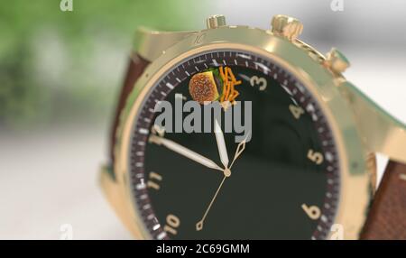 A wristwatch close-up with the hands of the clock at two in the afternoon and a fast food sandwich on the dial. Creative conceptual illustration. Lunc Stock Photo