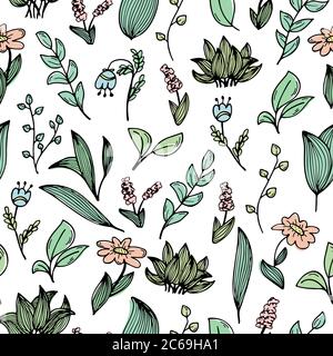 A seamless pattern with hand-drawn doodles of flowers and plants. Stock Vector