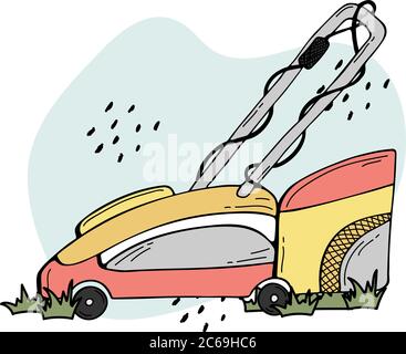 Electric lawn mower. Power tools for gardening and country houses. Hand-drawn doodles. Stock Vector