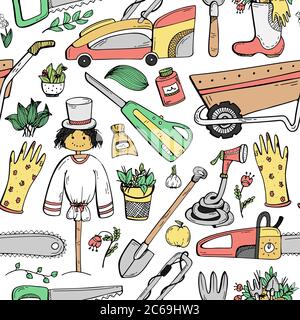 Aseamless patternwith hand-drawn doodles about a country house, garden equipment, and growing vegetables. Stock Vector
