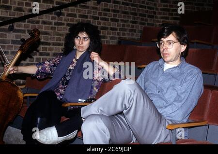 Helen Liebmann and Simon Jeffes from the Penguin Cafe Orchestra doing a sound check at the Mermaid Theater. London, 12/16/1984 | usage worldwide Stock Photo