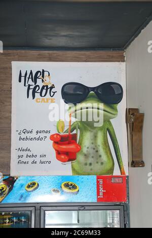 advertisement with frog in a restaurant at the skywalk, Costa Rica, Monteverde Stock Photo