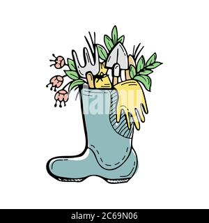 Plants and flowers, gardening tools in a rubber boot. Hand-drawn doodles. Stock Vector