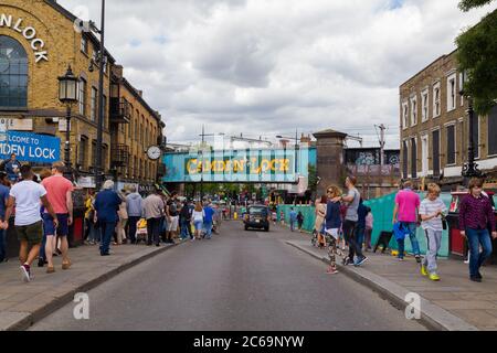 lONDON, UK - 19TH JULY 2015: Camden Lock in London during the weekend showing large amounts of people on the street. Stock Photo
