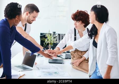 multi-ethnic diverse group of happy colleagues join forces in work. Creative team, casual business colleagues neeting in modern office with white inte Stock Photo