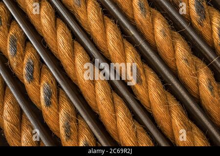 braided hemp rope on a steel winch drum Stock Photo