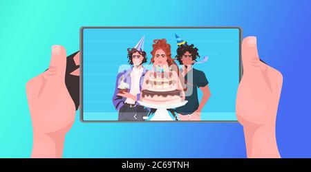 human hands using tablet pc mix race friends celebrating online party having virtual fun celebration concept people discussing during video call horizontal portrait vector illustration Stock Vector