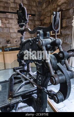 First printing press in Middle East in Museum in Monastery of Saint Anthony the Great also called Qozhaya Monastery in Kadisha Valley in Lebanon Stock Photo