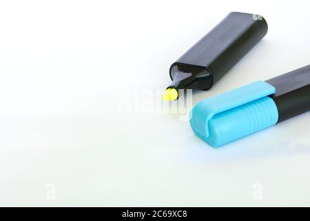 blue and yellow highlighters. Isolated on white background Stock Photo