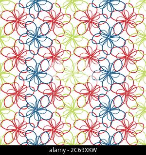 Vector flower wall seamless vector pattern background. Light backdrop of overlapping outline florals in green, red, blue creating weave stripe effect Stock Vector