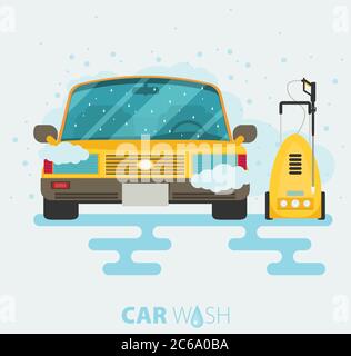 Car wash web banner in flat style. Vector illustration with car, tool for hand car wash. Stock Vector