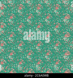 Vector abstract flower wall seamless vector pattern background. Dense textural green and pink backdrop of overlapping outline florals. Hand drawn mesh Stock Vector