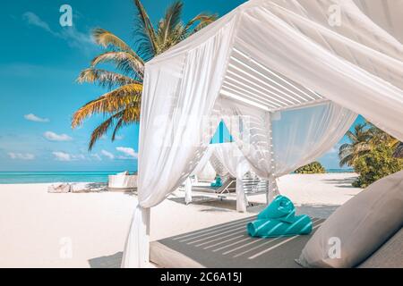 Serenity beach background, luxury beach canopy and travel or summer vacation concept. Serenity beach background, luxury beach canopy and travel summer Stock Photo