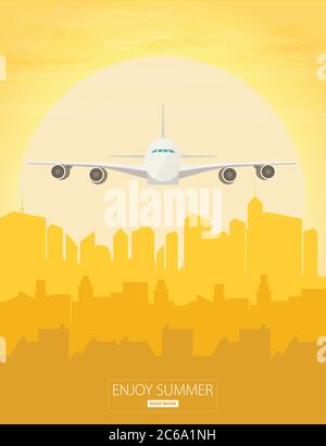 Plane flying over urban city. Vector illustration Stock Vector