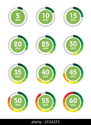 Set of timers. Sign icon. Full rotation arrow timer. Colored flat icons. Flat Design Vector Illustration. Stock Vector