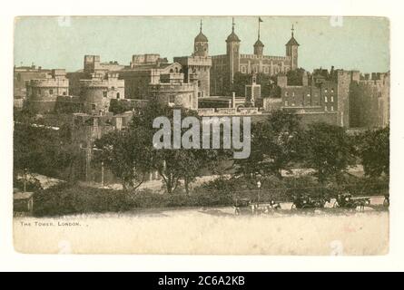 Edwardian scenic tinted photo postcard of Tower of London, with the White Tower prominent, posted  to Anvers, Belgium, British stamp,1902, London, U.K. Stock Photo