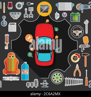 Big set of spare parts for cars. Tuning and modernization. Stock Vector