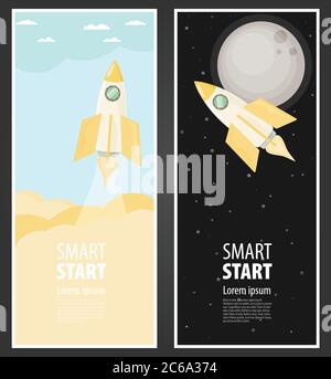 Space rocket flying in sky, flat design colored vector illustration Stock Vector