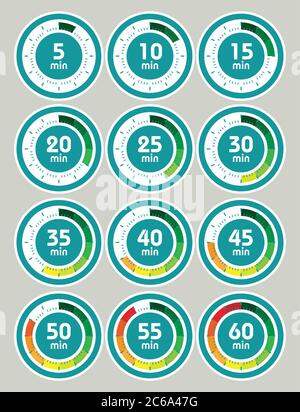 Set of timers. Sign icon. Full rotation arrow timer. Colored flat icons. Flat Design Vector Illustration. Stock Vector