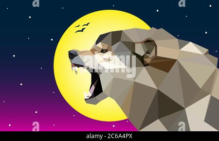 Low poly Wolf art, animal low poly illustration background with moon and night sky, template, vector Stock Vector