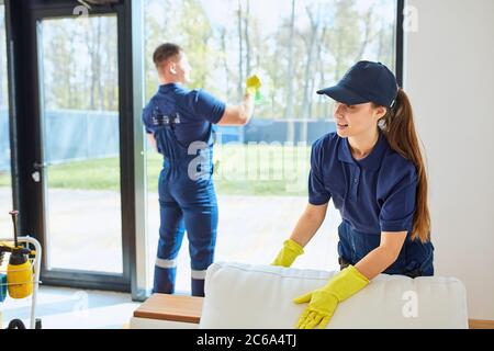 Young caucasian janitors in blue uniform washing panoramic window, wiping dust off from sofa. Stock Photo