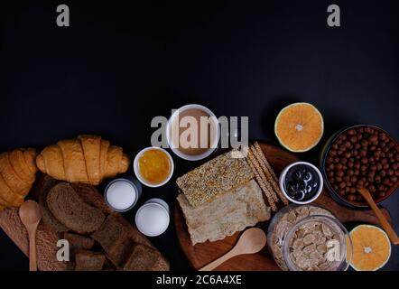 Breakfast table layout. Breakfast variety and view from above. Stock Photo
