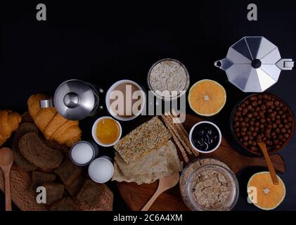 Breakfast table layout. Breakfast variety and view from above. Stock Photo