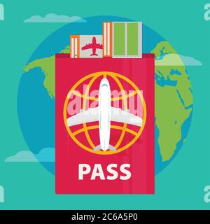 Vector modern flat design web icon on airline tickets and travel with jet airliner flying, passport, boarding pass ticket and globe with clouds. Airfa Stock Vector