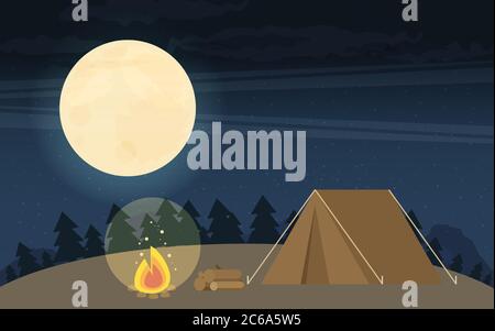 Camping in Forest at Night. Flat design Style. Stock Vector