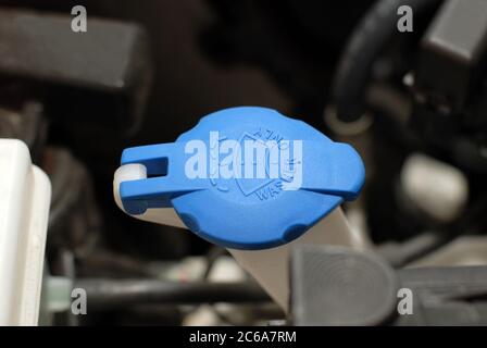 Windshield washer fluid reservoir cap. Windshield washer liquid cap inside  a car engine. Closeup cap windshield cleaner water liquid tank Stock Photo  - Alamy