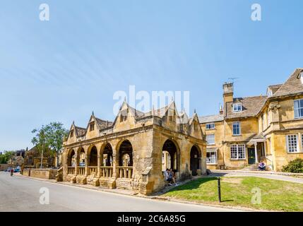 The 17th Century (built 1627) Grade I listed Market Hall in the town centre of Chipping Campden, a small market town in the Gloucestershire Cotswolds Stock Photo