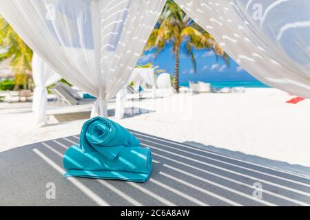 Serenity beach background, luxury beach canopy and travel or summer vacation. tourism for summer vacation holiday destination lounge canopy beach Stock Photo