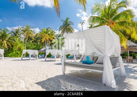 Serenity beach background, luxury beach canopy and travel or summer vacation. tourism for summer vacation holiday destination lounge canopy beach Stock Photo