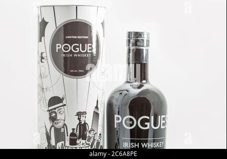 KIEV, UKRAINE - MAY 15, 2020: The Pogues limited edition blended Irish Whiskey triple distilled and matured bottle and box closeup. It is the official Stock Photo