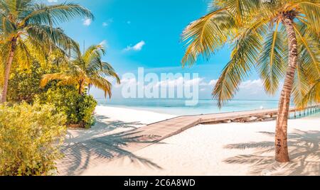 Vintage beach landscape, palm tree over white sand and wooden jetty into amazing sea. Luxury travel, summer holiday vacation banner. Exotic beach Stock Photo